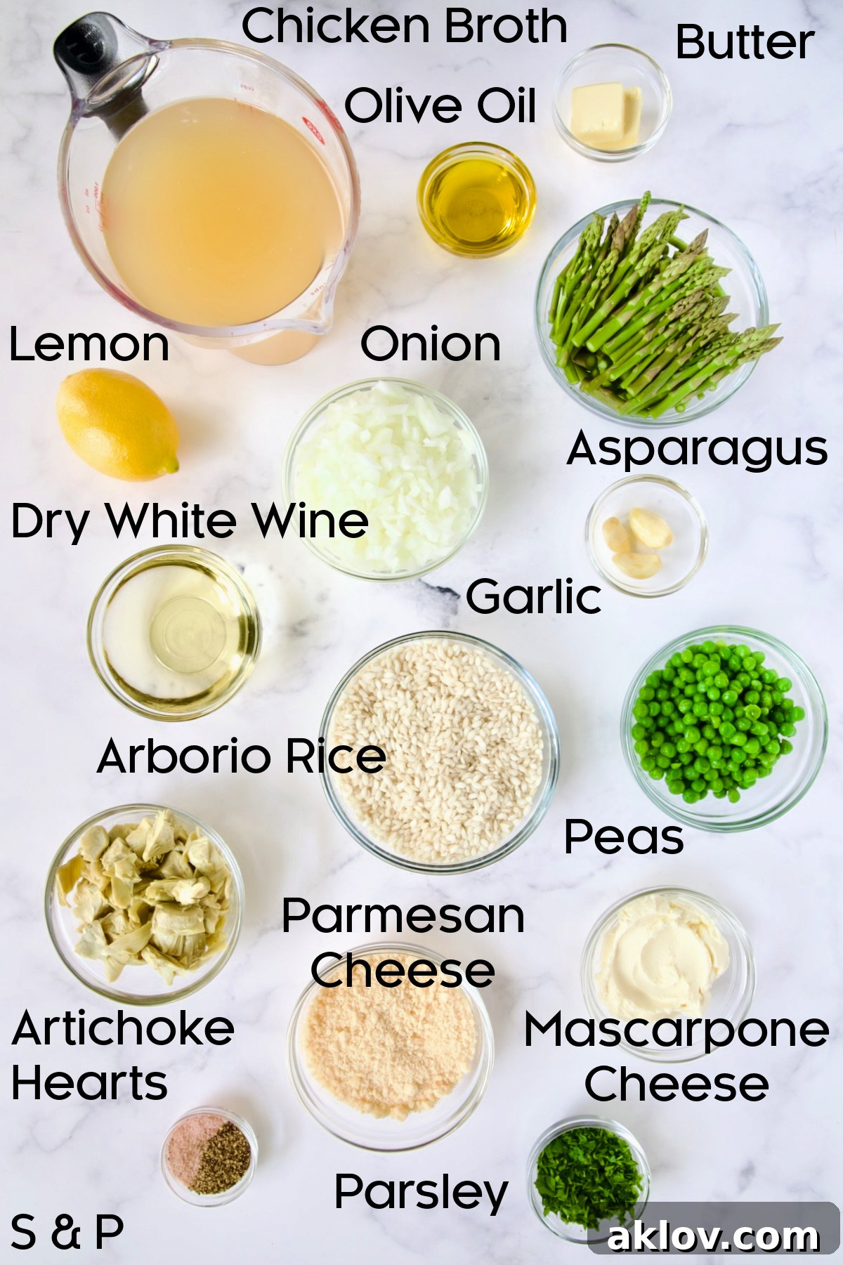 Ingredients for Easy Risotto Recipe with Spring Vegetables in glass bowls.