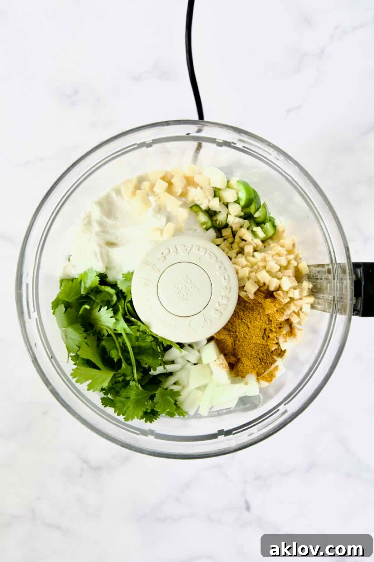 Ingredients for yogurt marinade in food processor before being pureed.
