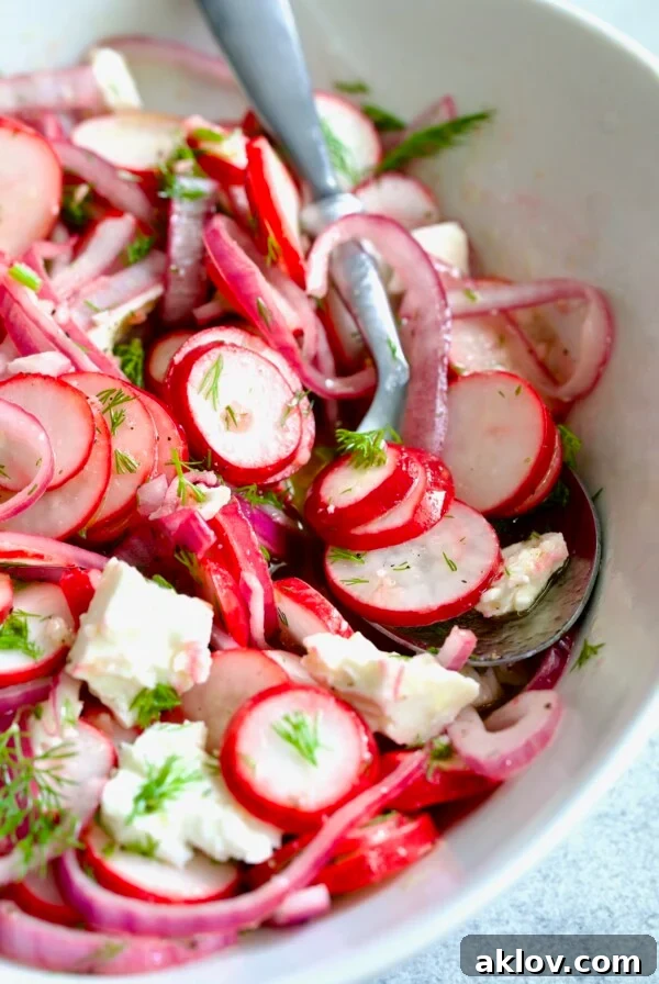 Refreshing Radish Salad 11 Radish Red Onion Salad in white oval serving bowl with serving spoon garnished with fresh dill.