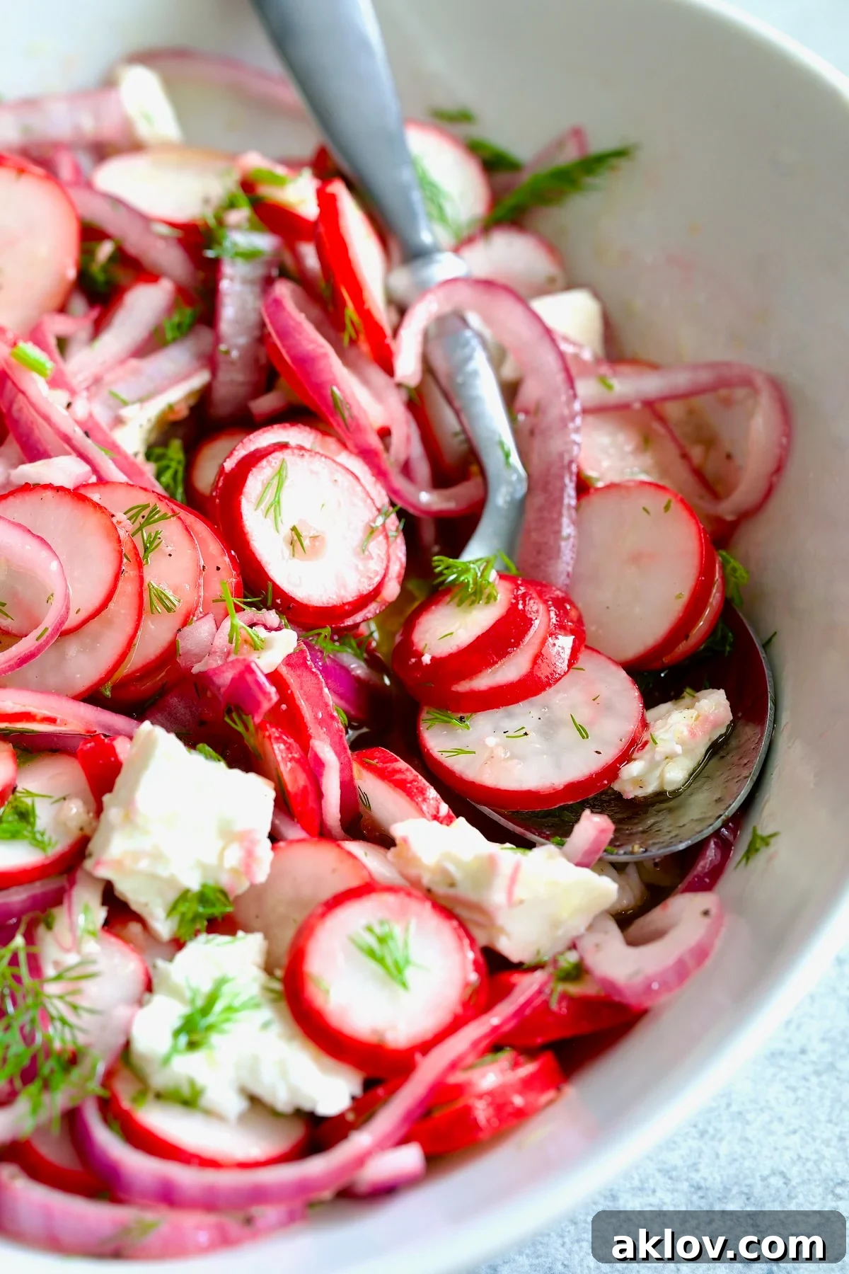 Refreshing Radish Salad 3 Radish Red Onion Salad in white oval serving bowl with serving spoon garnished with fresh dill.