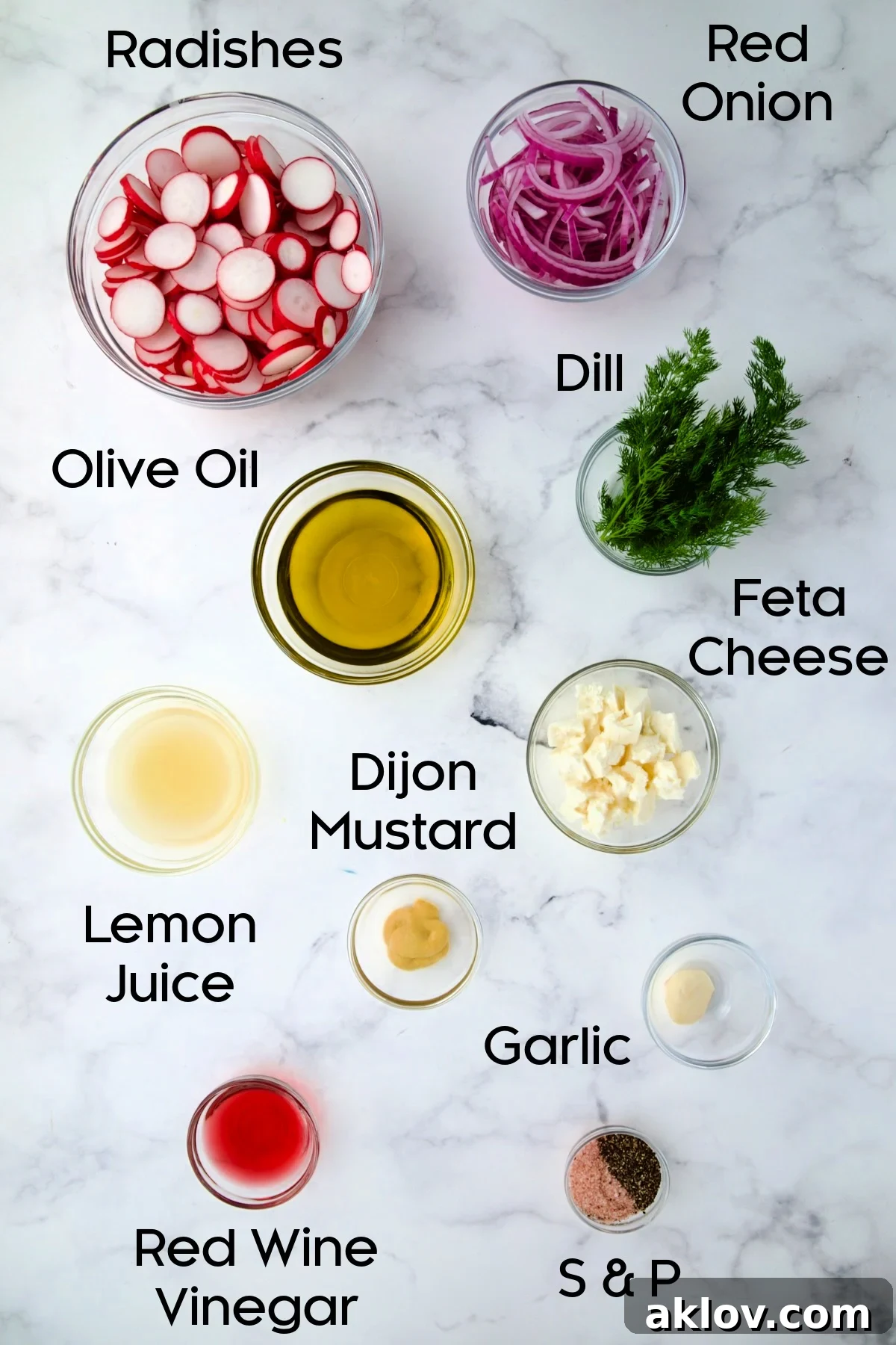 Refreshing Radish Salad 4 Ingredients for Radish Red Onion Salad in glass bowls.