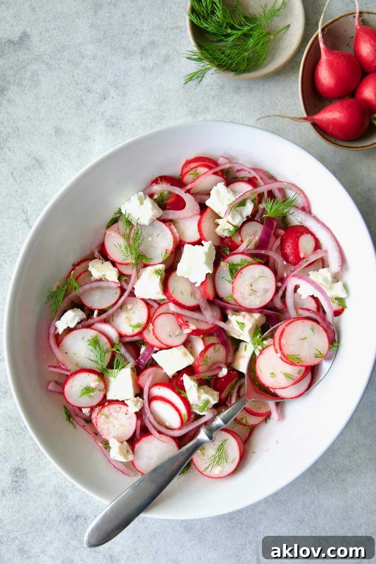 Refreshing Radish Salad 8 Radish Red Onion Salad in white oval serving bowl with serving spoon with small bowls of dill sprigs and whole radishes.