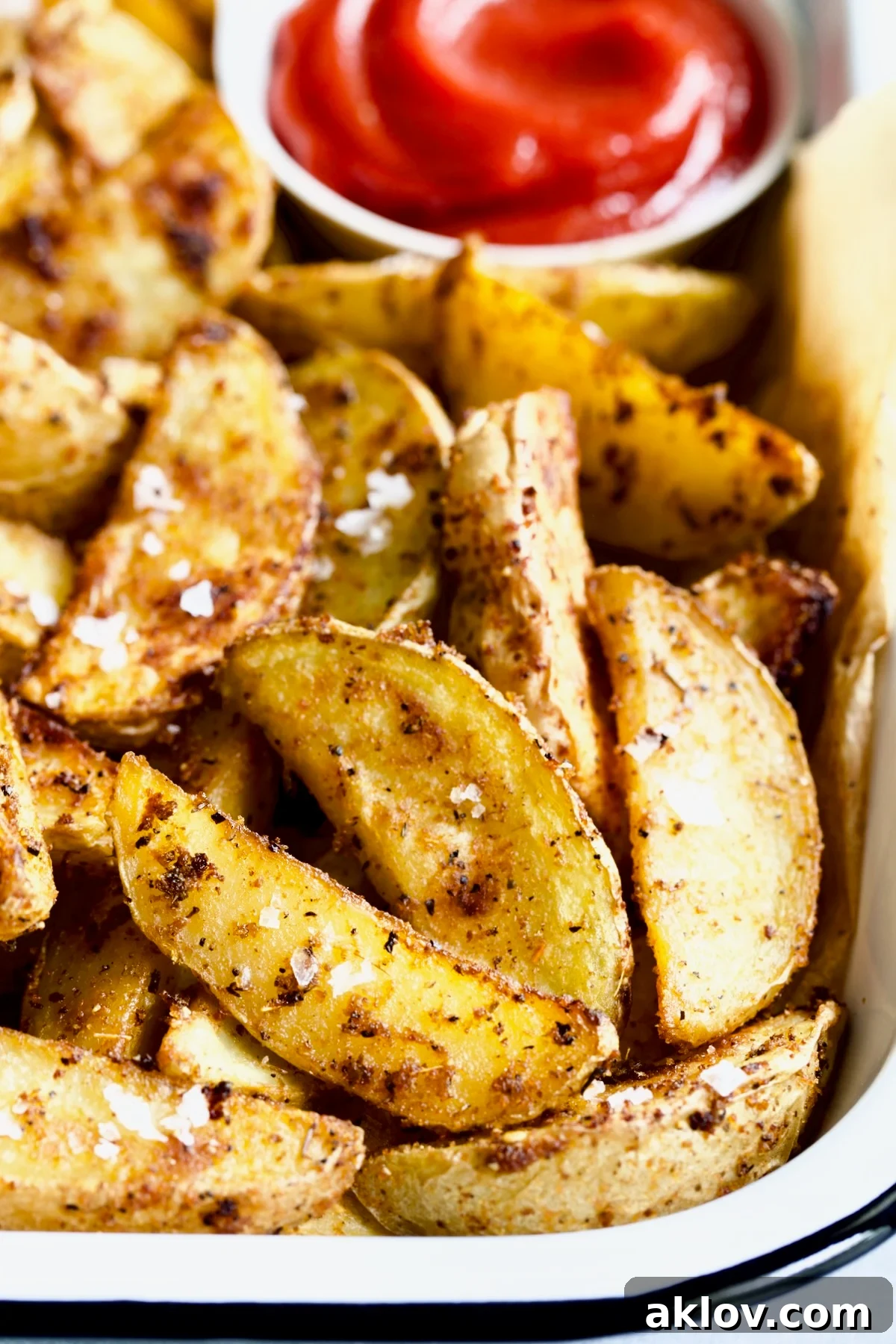 Crispy Roasted Potato Wedges on parchment paper in a white enamel tray, ready to serve with ketchup.