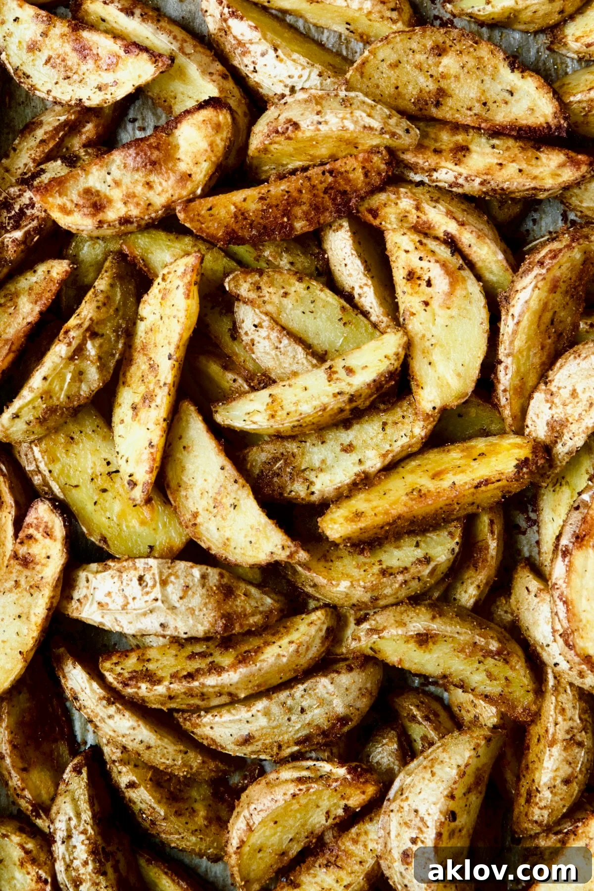 A close-up photo of freshly roasted potato wedges, golden and crispy, highlighting their delicious texture.