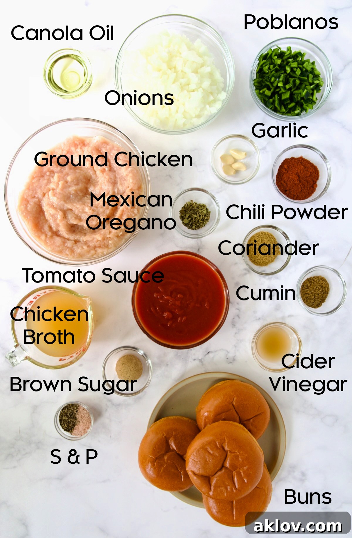 Ingredients for Chicken Sloppy Joes in glass bowls.