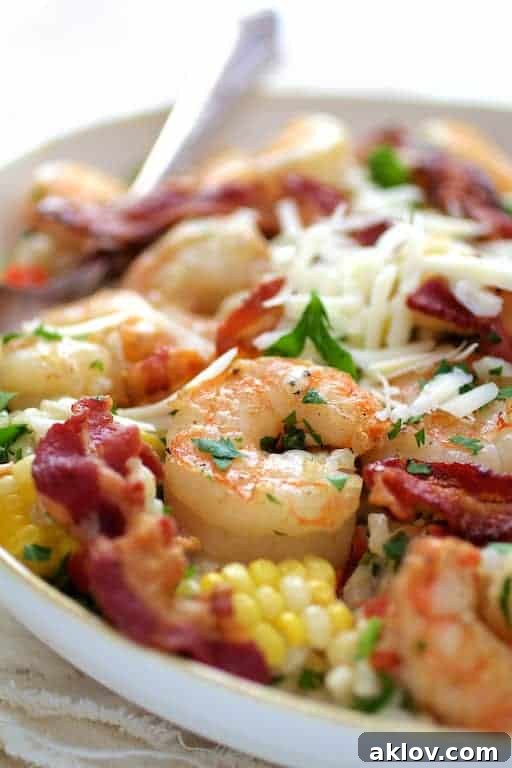 Close-up photo of Shrimp and Corn Risotto with Bacon in white bowl.
