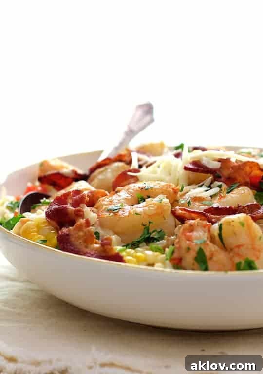 Photo of Shrimp and Corn Risotto with Bacon in white bowl.