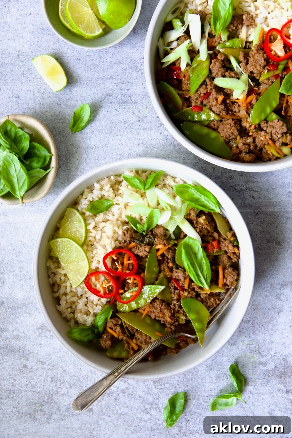 Spicy Thai Basil Beef Stir-fry 14 Two beautifully presented bowls of Thai Basil Beef, each served with rice and garnished, ready to be enjoyed as a hearty meal.