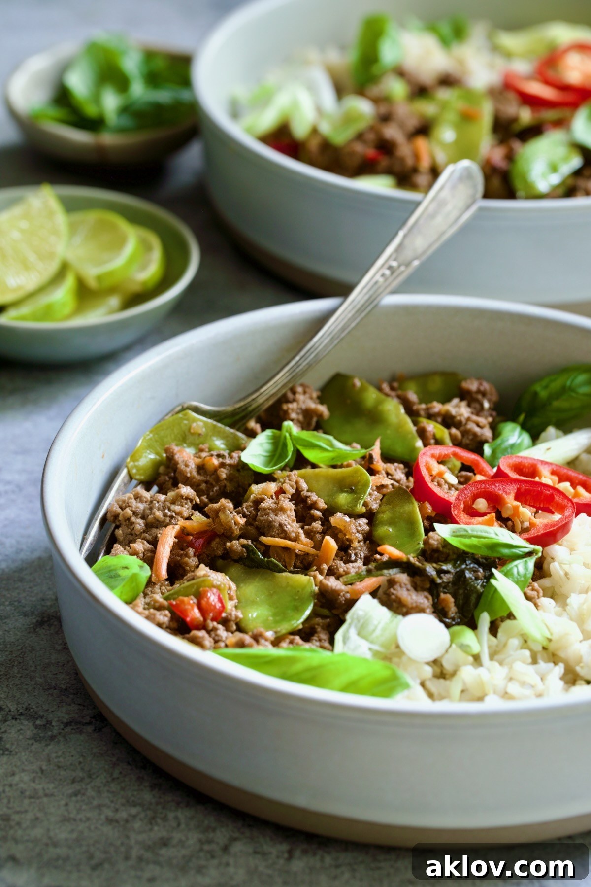 A single bowl of Thai Basil Beef served over fluffy brown rice, capturing a minimalist yet appealing presentation that highlights the simplicity and deliciousness of the meal.