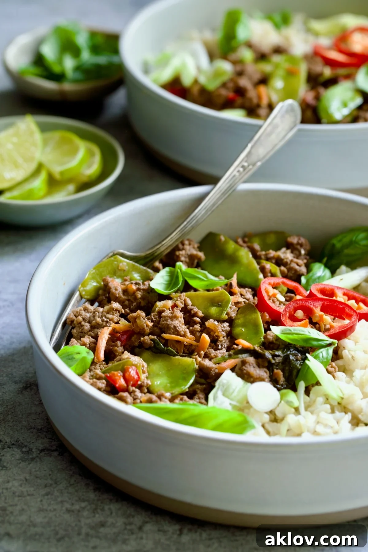 Spicy Thai Basil Beef Stir-fry 15 A single, perfectly portioned bowl of Thai Basil Beef served alongside fluffy brown rice, highlighting the vibrant colors and appealing texture of the dish.