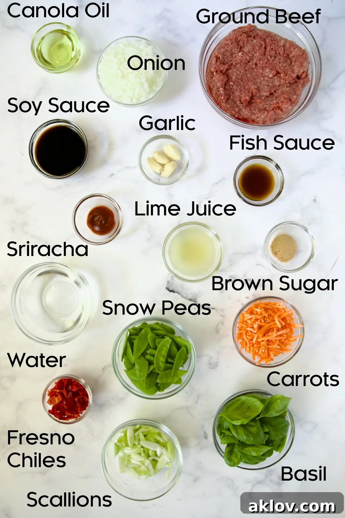 A collage of the individual ingredients laid out, including ground beef, various sauces in small bowls, fresh vegetables like basil, snow peas, and chilies, all perfectly prepped and ready for cooking.