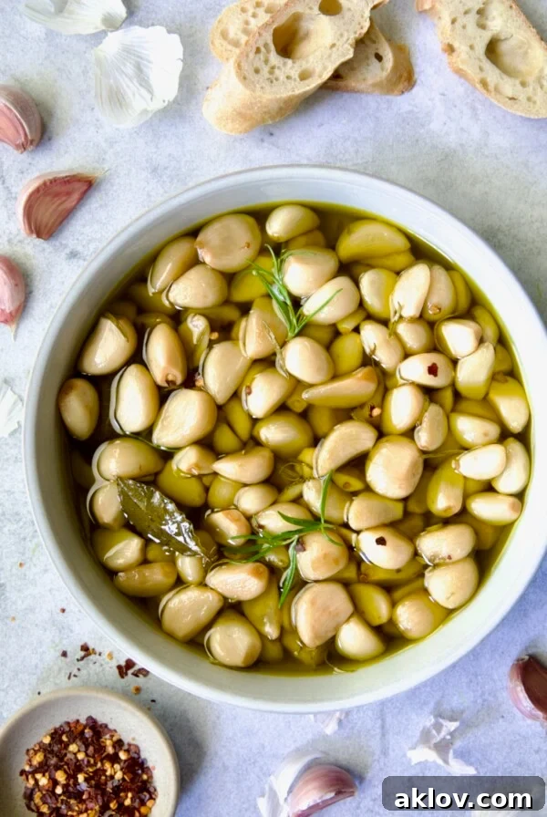 Garlic Confit in round earthenware bowl.