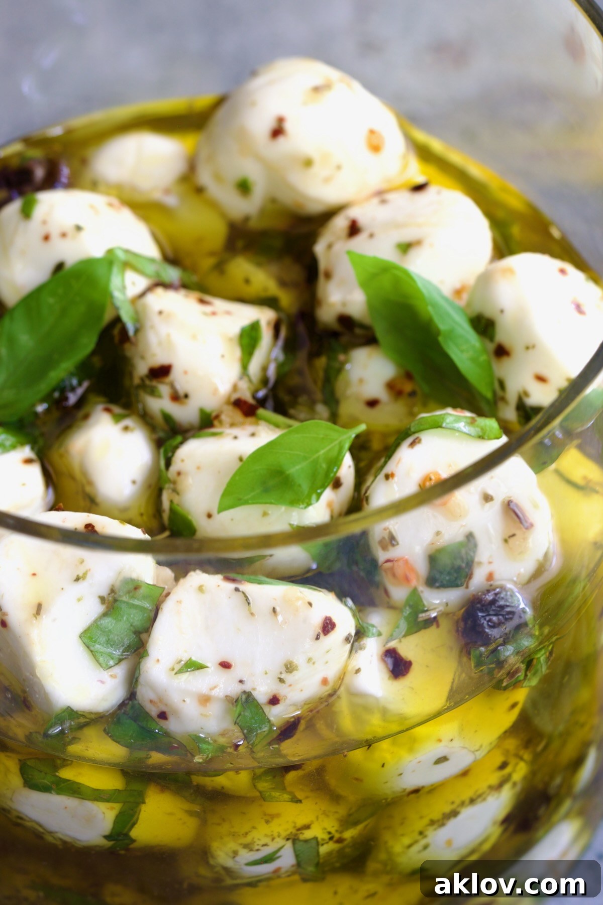 Marinated Mozzarella Balls in glass jar.