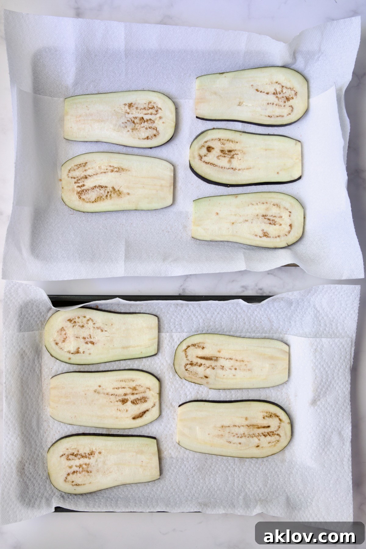 Ten eggplant slices on paper towel-lined baking sheets.