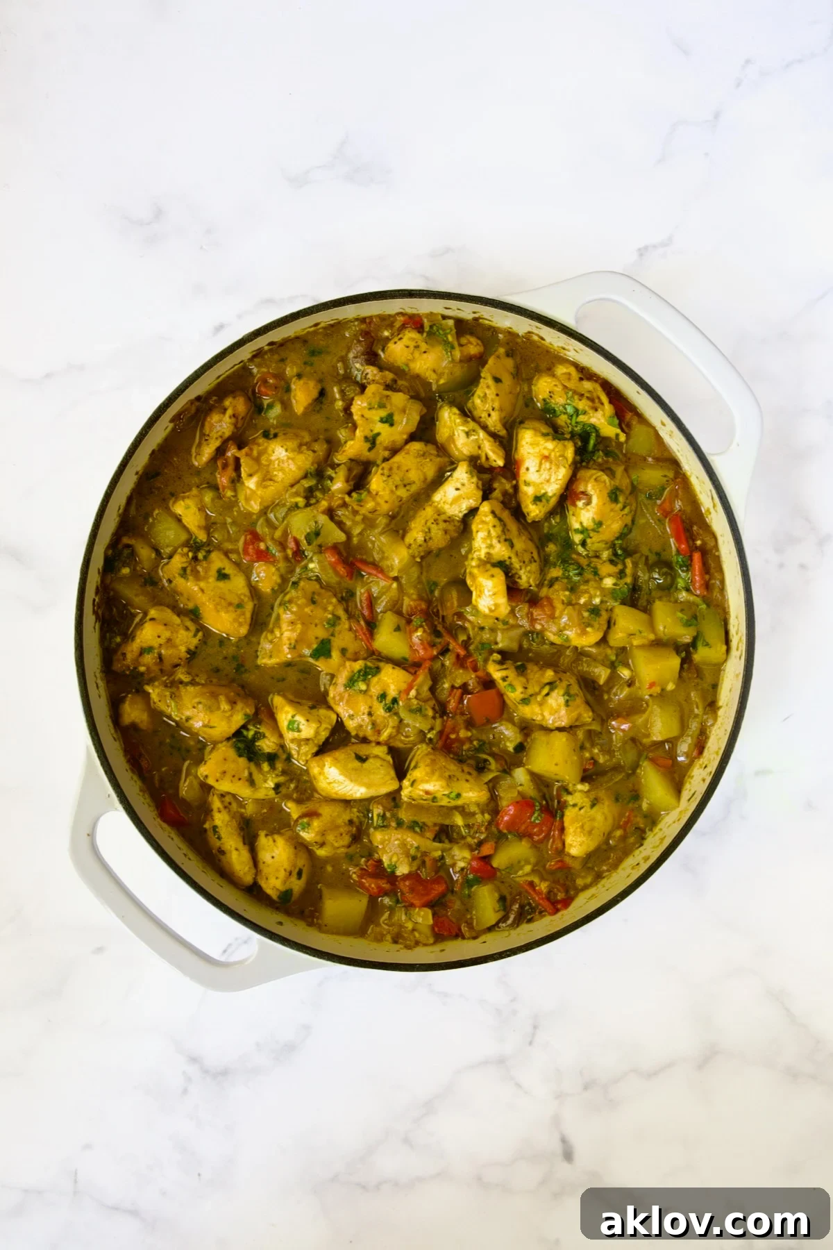 Comforting Chicken Potato Curry 13 The rich, finished Chicken and Potato Curry, perfectly simmered, presented in a pristine white enamel cast iron skillet.