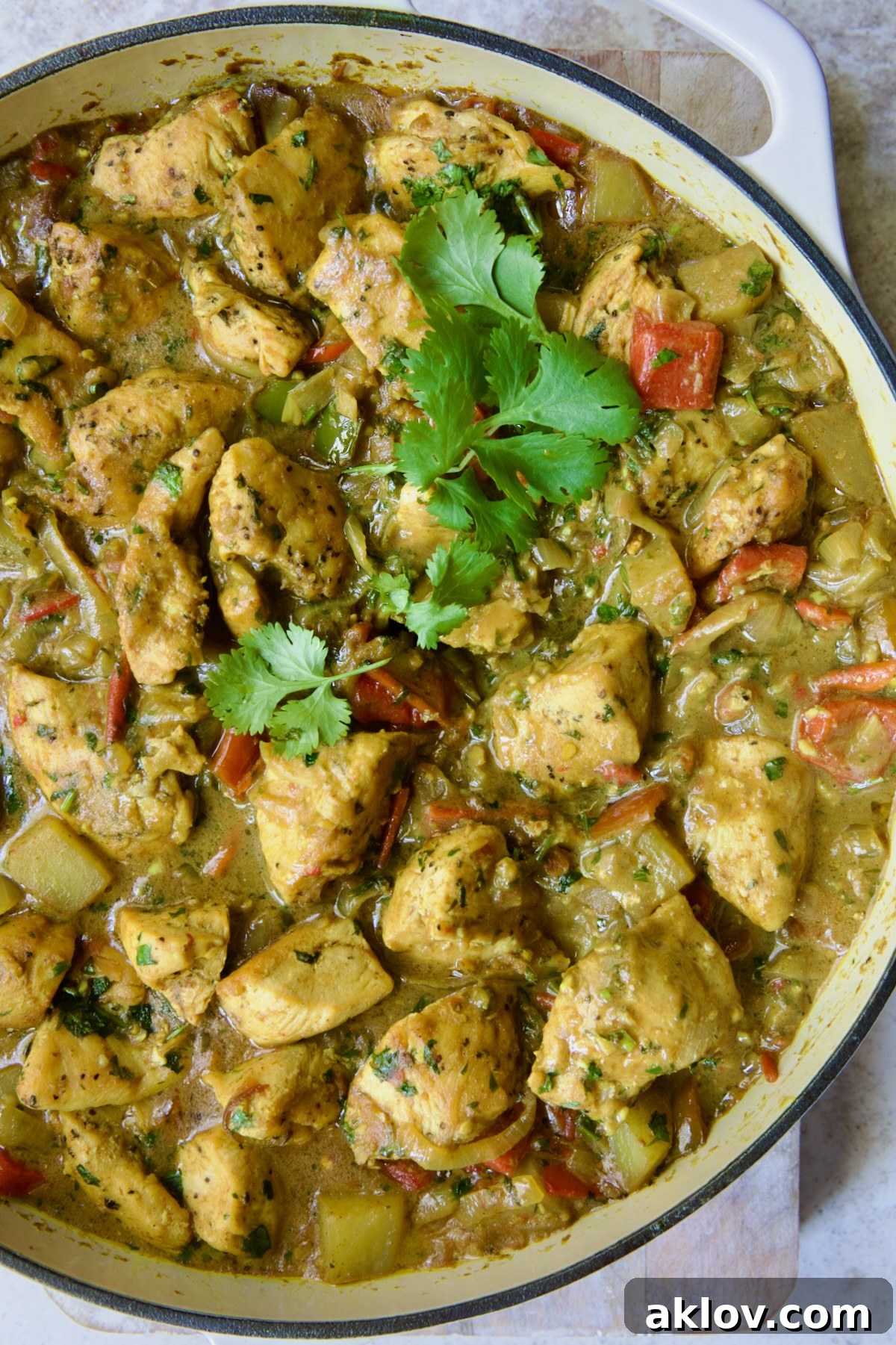 Chicken and Potato Curry in white enamel cast iron skillet with serving spoon garnished with fresh cilantro.