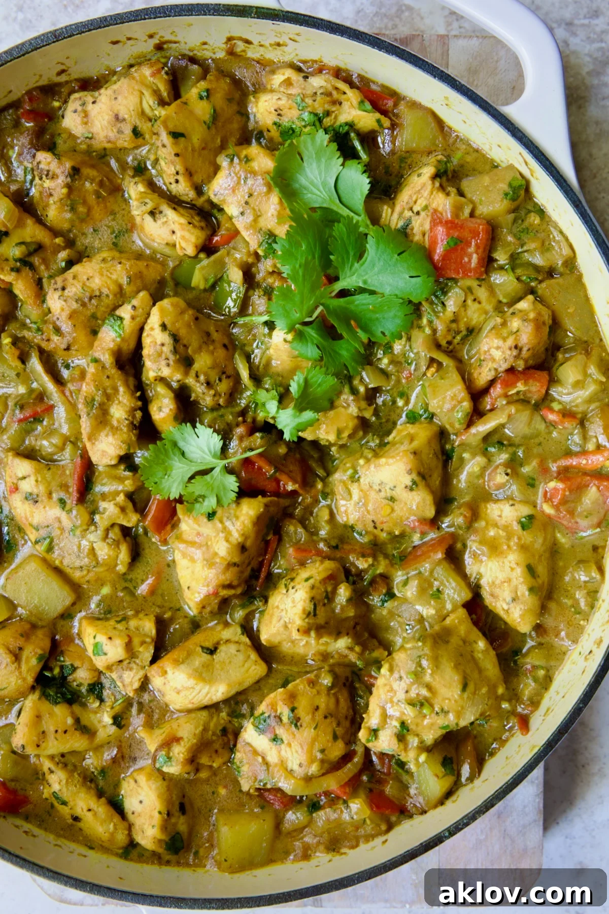 Comforting Chicken Potato Curry 15 An enticing Chicken and Potato Curry, presented in a white enamel cast iron skillet with a serving spoon, beautifully garnished with fresh cilantro for a final flourish.