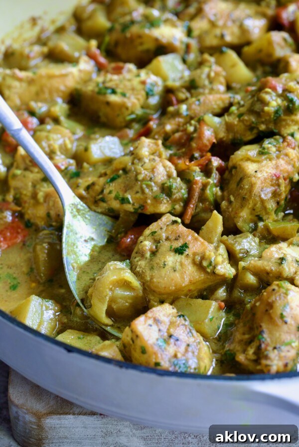 Spoon scooping out some Chicken and Potato Curry from white enamel cast iron skillet.