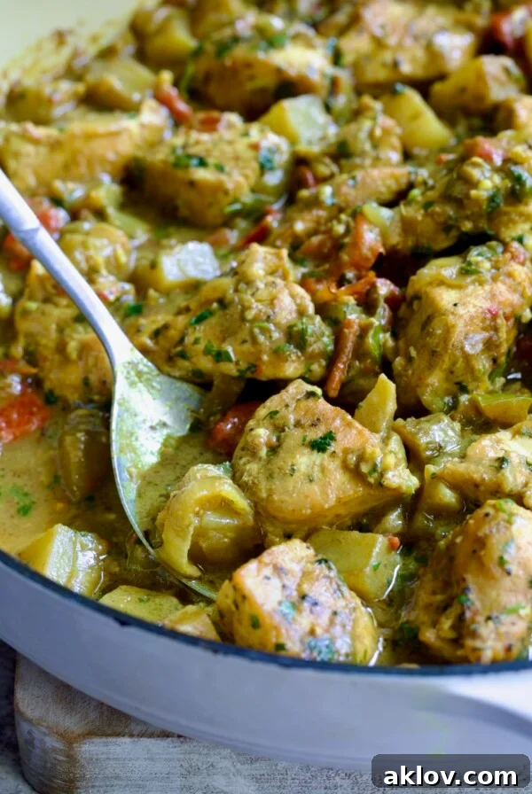 Comforting Chicken Potato Curry 18 A serving spoon expertly scooping out a generous portion of the rich and flavorful Chicken and Potato Curry from a white enamel cast iron skillet.