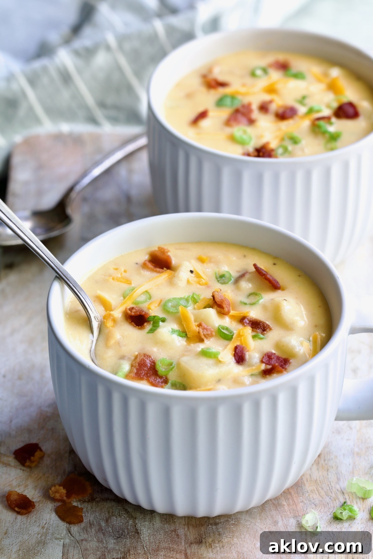 Two large soup mugs of Cheddar Bacon Potato Soup garnished with bacon, scallion and Cheddar cheese.