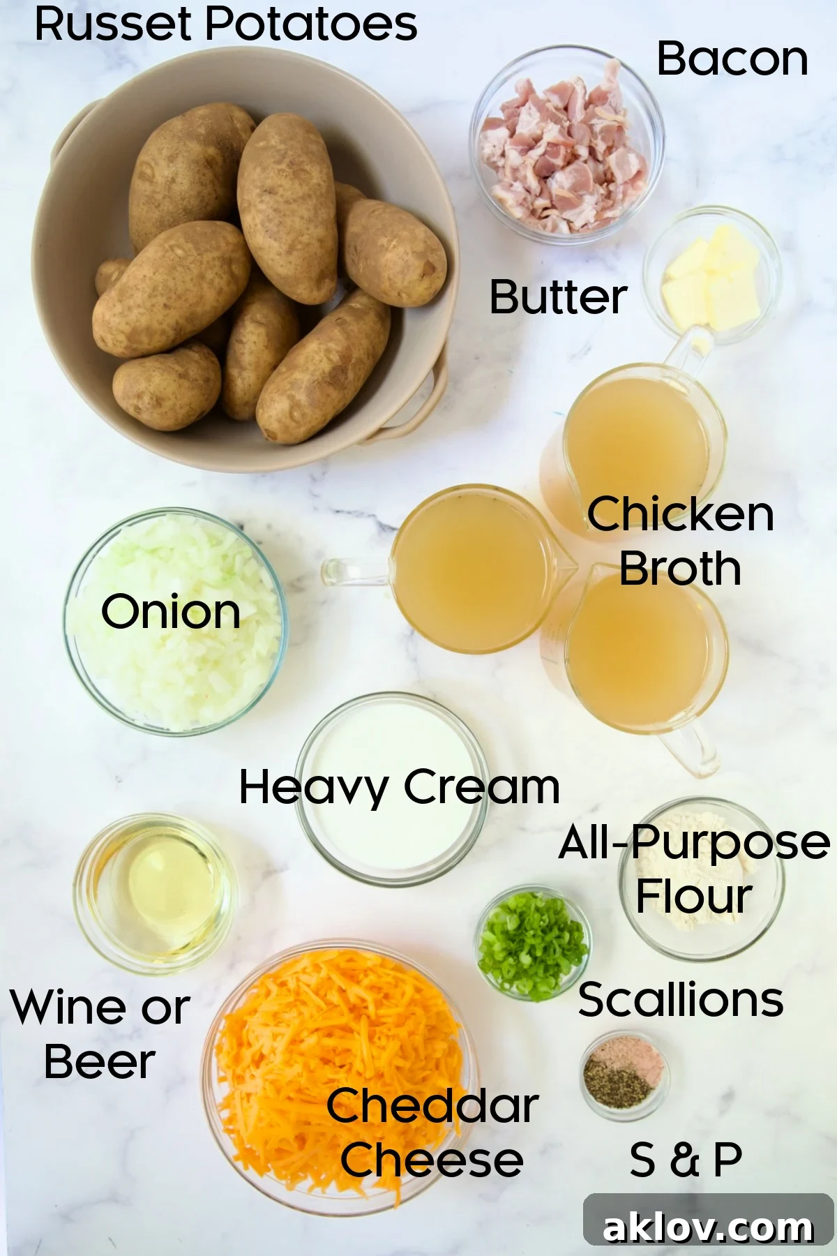 Ingredients for Cheddar Bacon Potato Soup in glass bowls.