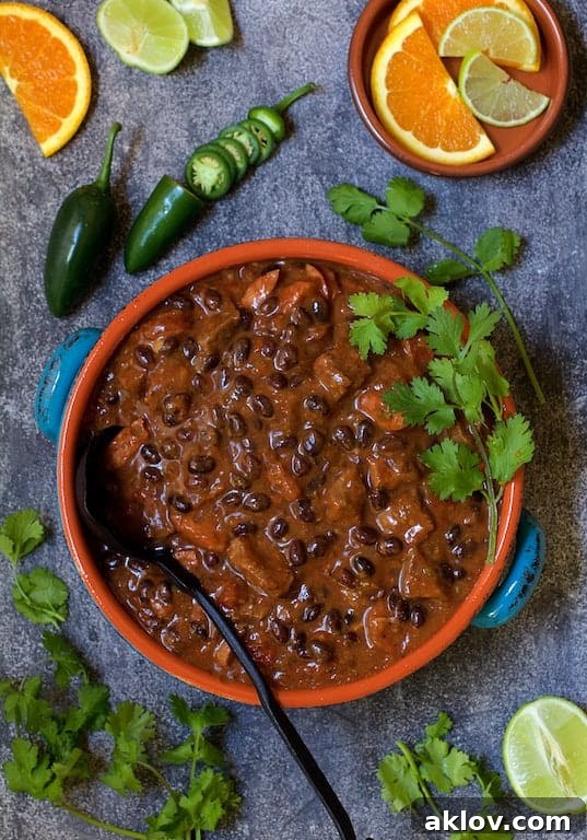 A generously portioned bowl of Feijoada (Brazilian Beef Stew) garnished with vibrant cilantro sprigs, spicy jalapeno slices, and refreshing orange and lime wedges, ready to be served.