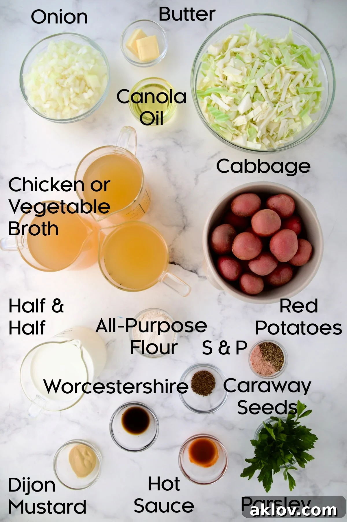 Individual glass bowls displaying the fresh ingredients required for Creamy Cabbage and Potato Soup.