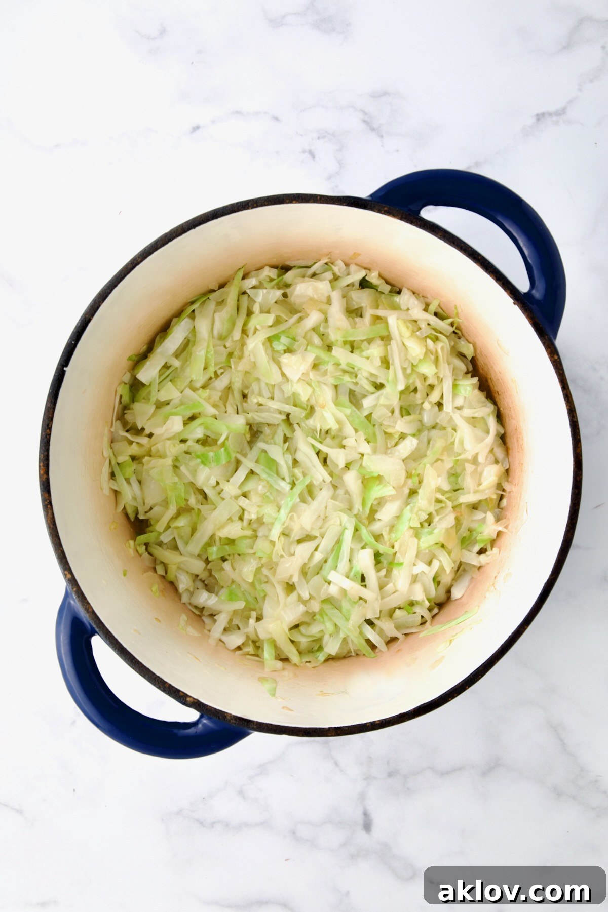 Uncooked cabbage freshly added to the softened onions in a blue cast iron Dutch oven.