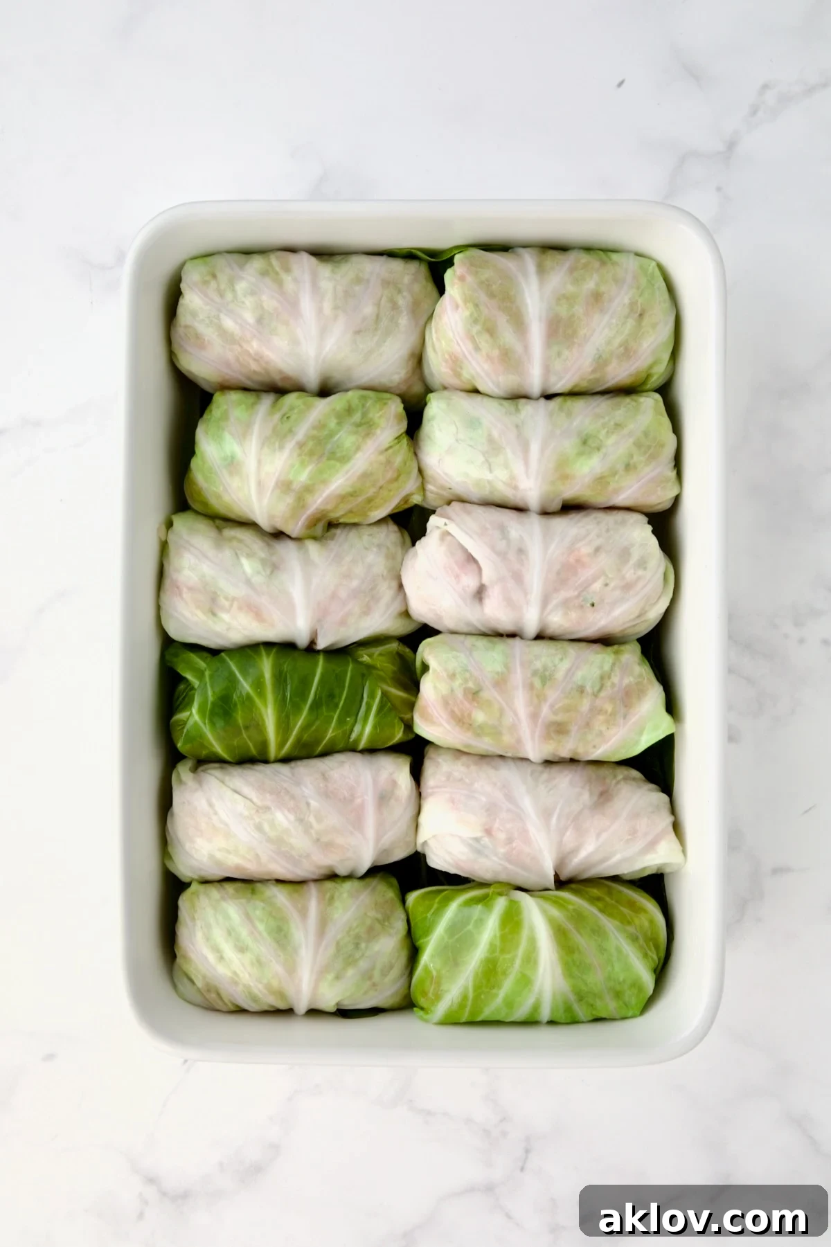 12 filled cabbage rolls in white rectangular baking dish.