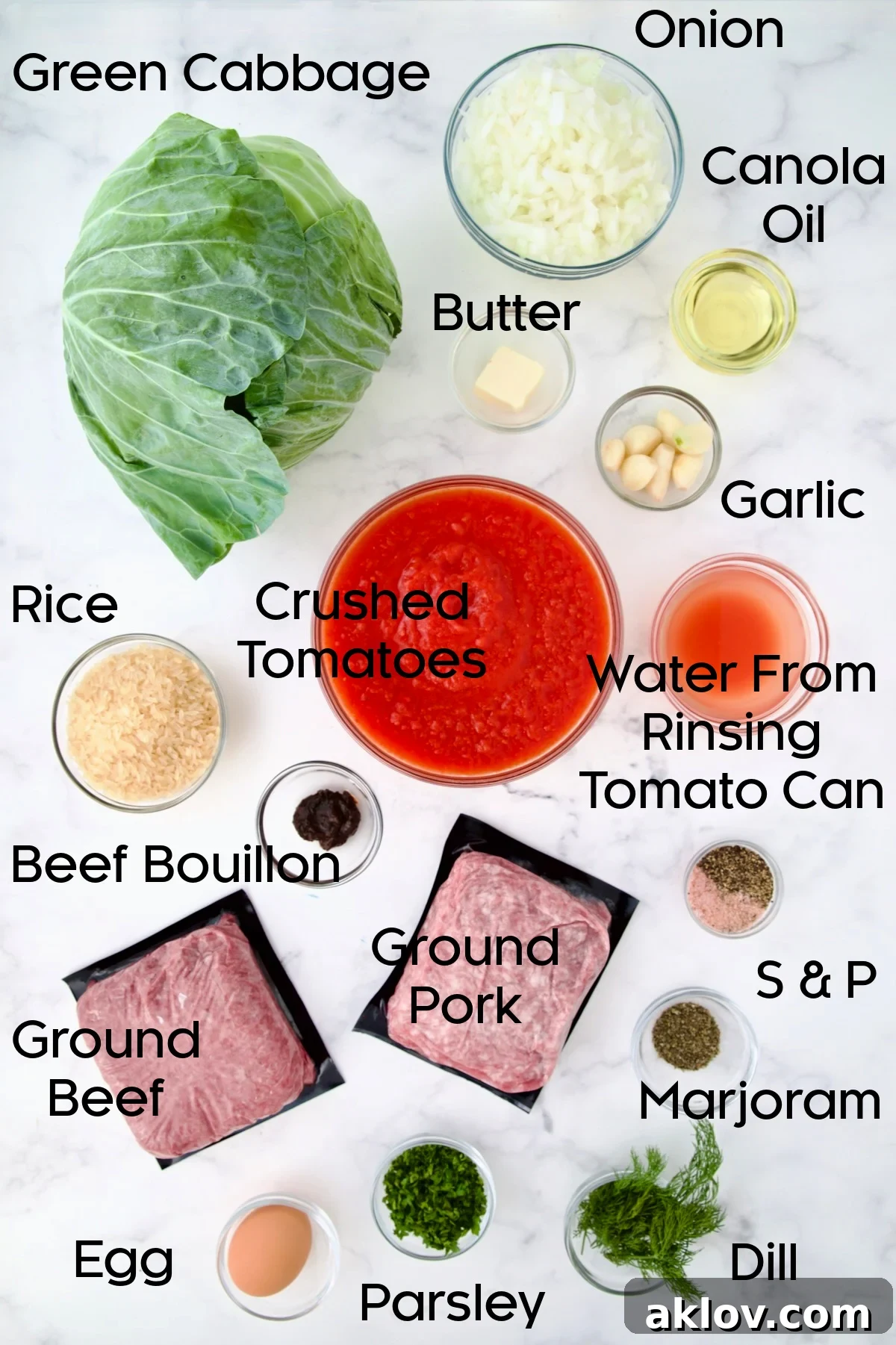 Ingredients for Polish Stuffed Cabbage in glass bowls.