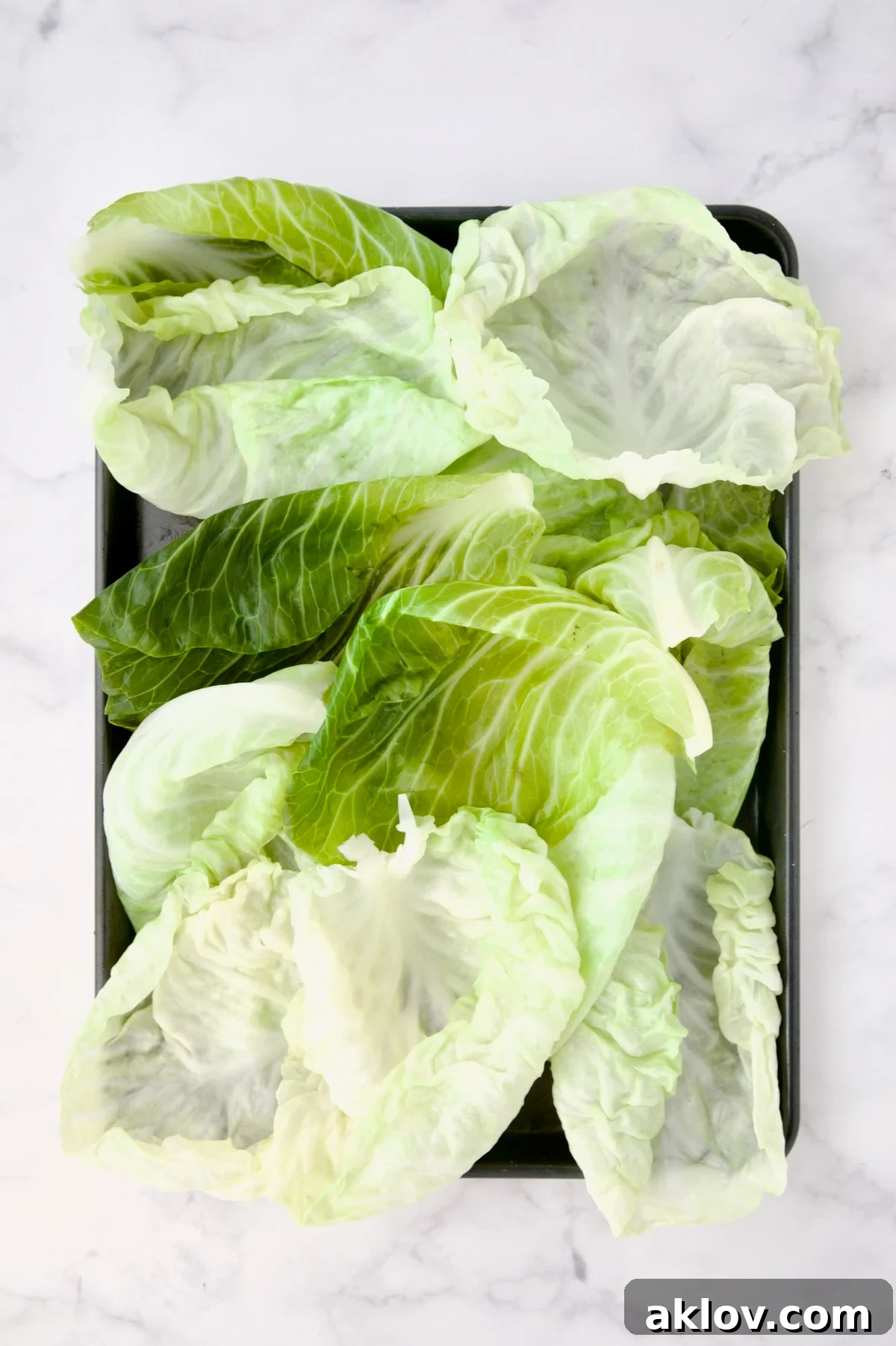 12 lettuce leaves on rimmed baking sheet.