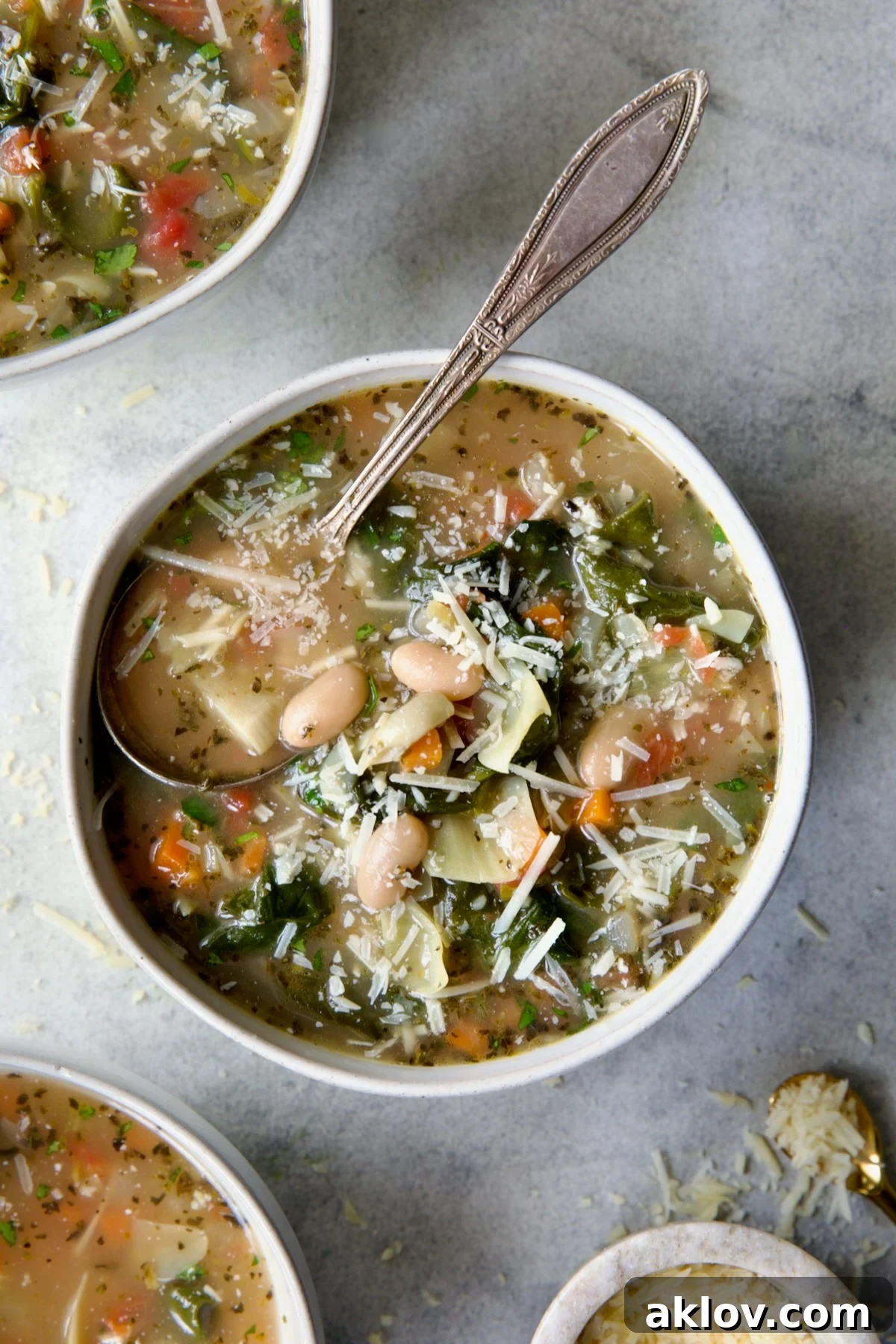 Vegetable Bean Soup in a white bowl with a spoon, showcasing its rich texture and colorful ingredients.