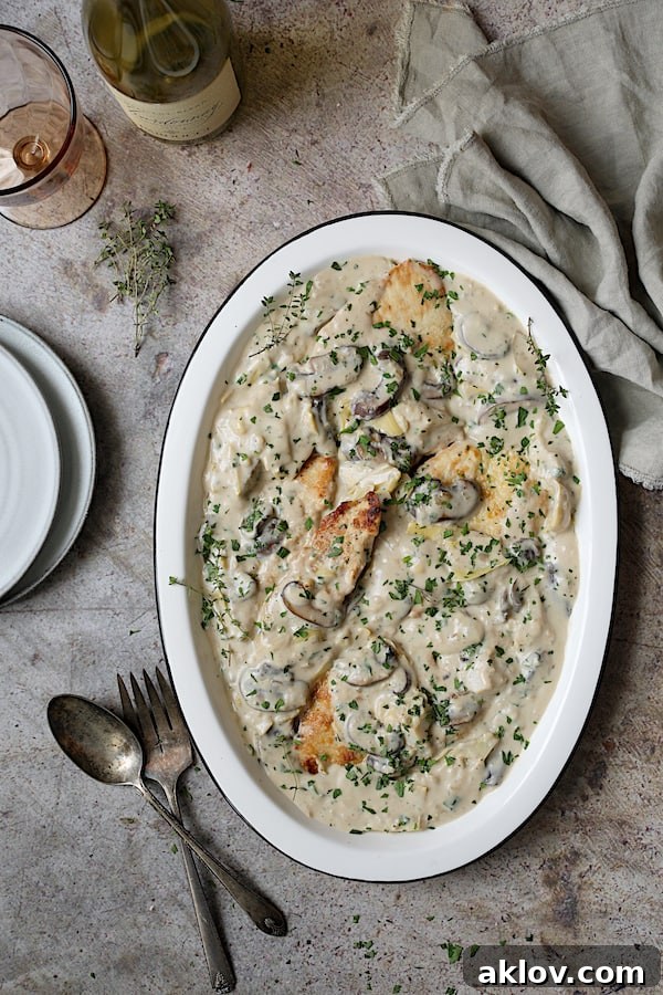 Turkey Scallopini in Sherry Cream Sauce with Mushrooms and Artichoke Hearts - Overhead shot of dish on white platter and gray stone background
