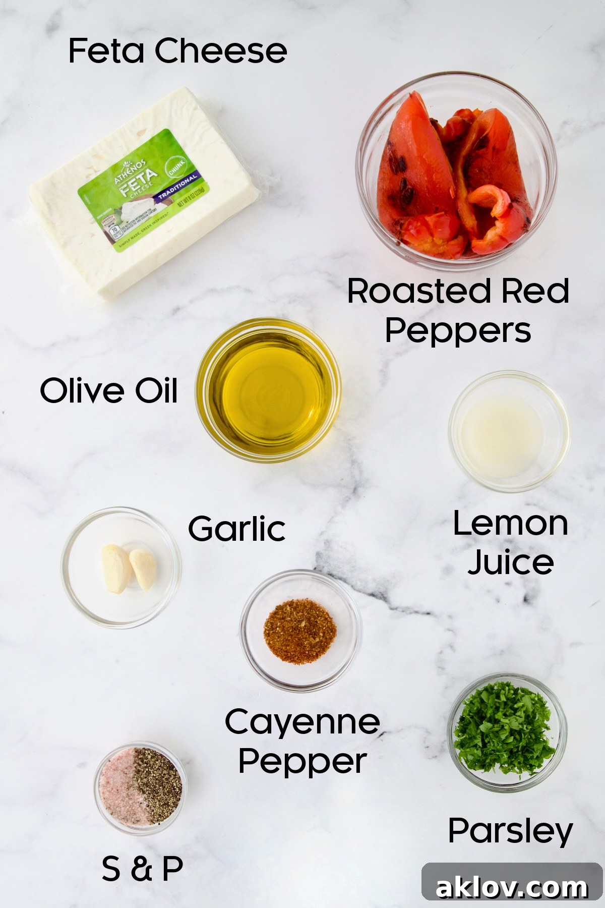 Ingredients for Spicy Feta Dip (Tirokafteri) in glass bowls.