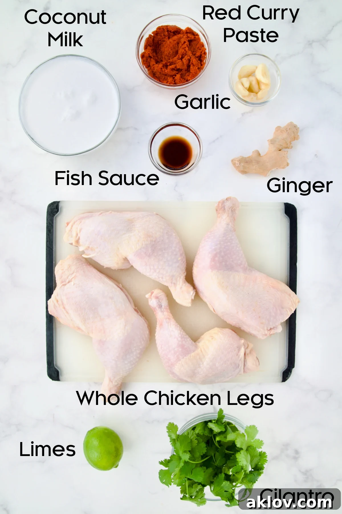 Spicy Thai Red Curry Chicken Drumsticks 4 Ingredients for Thai Red Curry Braised Chicken Legs on marble countertop.