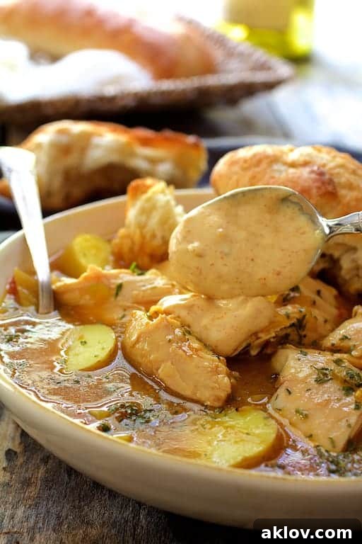 Photo of rouille being spooned onto the finished dish with a spoon.