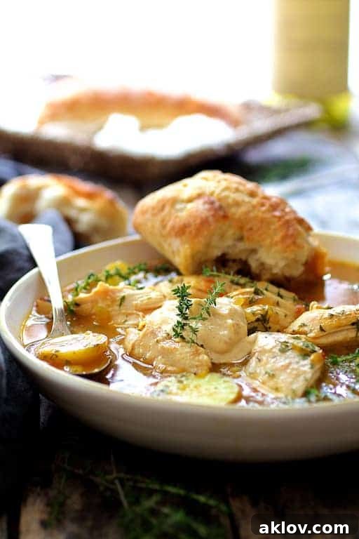 Photo of Chicken Bouillabaisse in white bowl with bread resting on the bowl.
