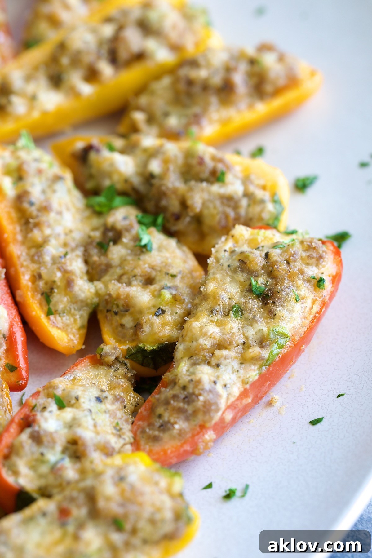 Stuffed Mini Peppers on a white oval platter, garnished with fresh parsley, ready for a gathering.