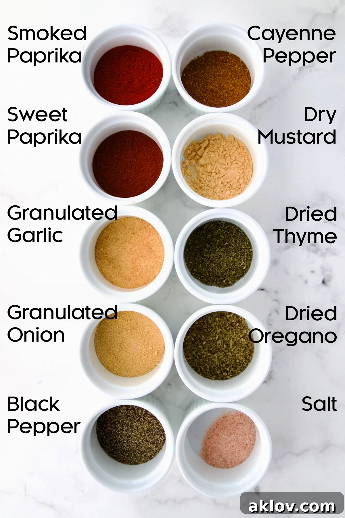 Ingredients for Blackening Seasoning in white ramekins.