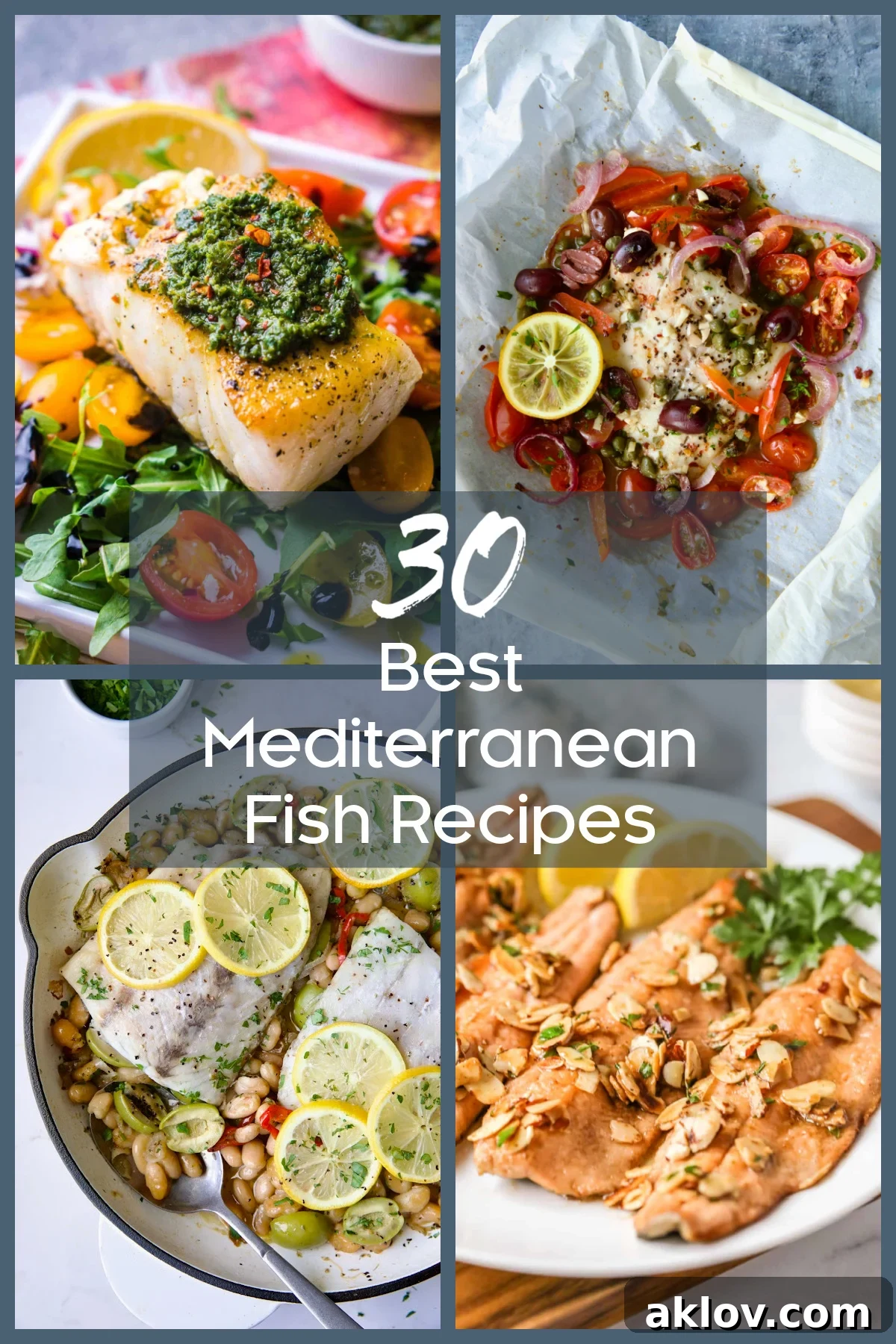 A vibrant collage featuring four distinct Mediterranean fish dishes, including grilled swordfish, baked salmon, a zesty fish stew, and a white fish skillet, highlighting the variety and freshness of the recipes.