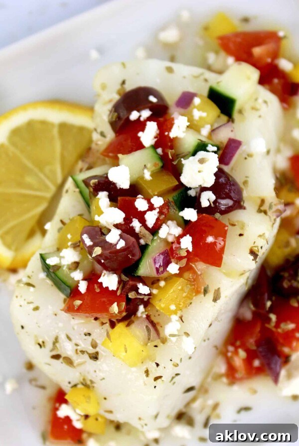 Baked Cod with a vibrant Greek Salsa, showcasing a healthy and flavorful fish dinner.