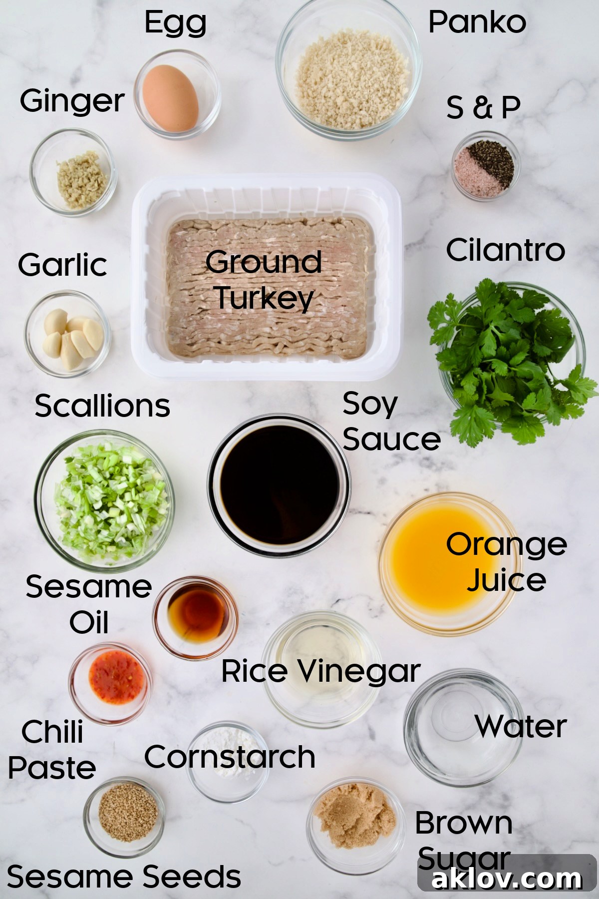 Assorted ingredients for Asian Turkey Meatballs neatly arranged in glass bowls, including ginger, garlic, soy sauce, and panko.