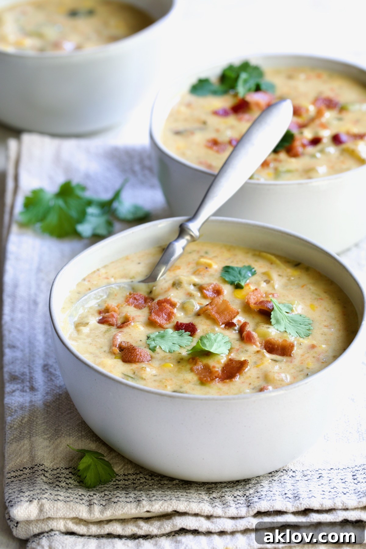 Three bowls of hearty Roasted Poblano Corn Chowder, garnished with fresh cilantro, with a spoon inserted in one bowl, inviting a taste.