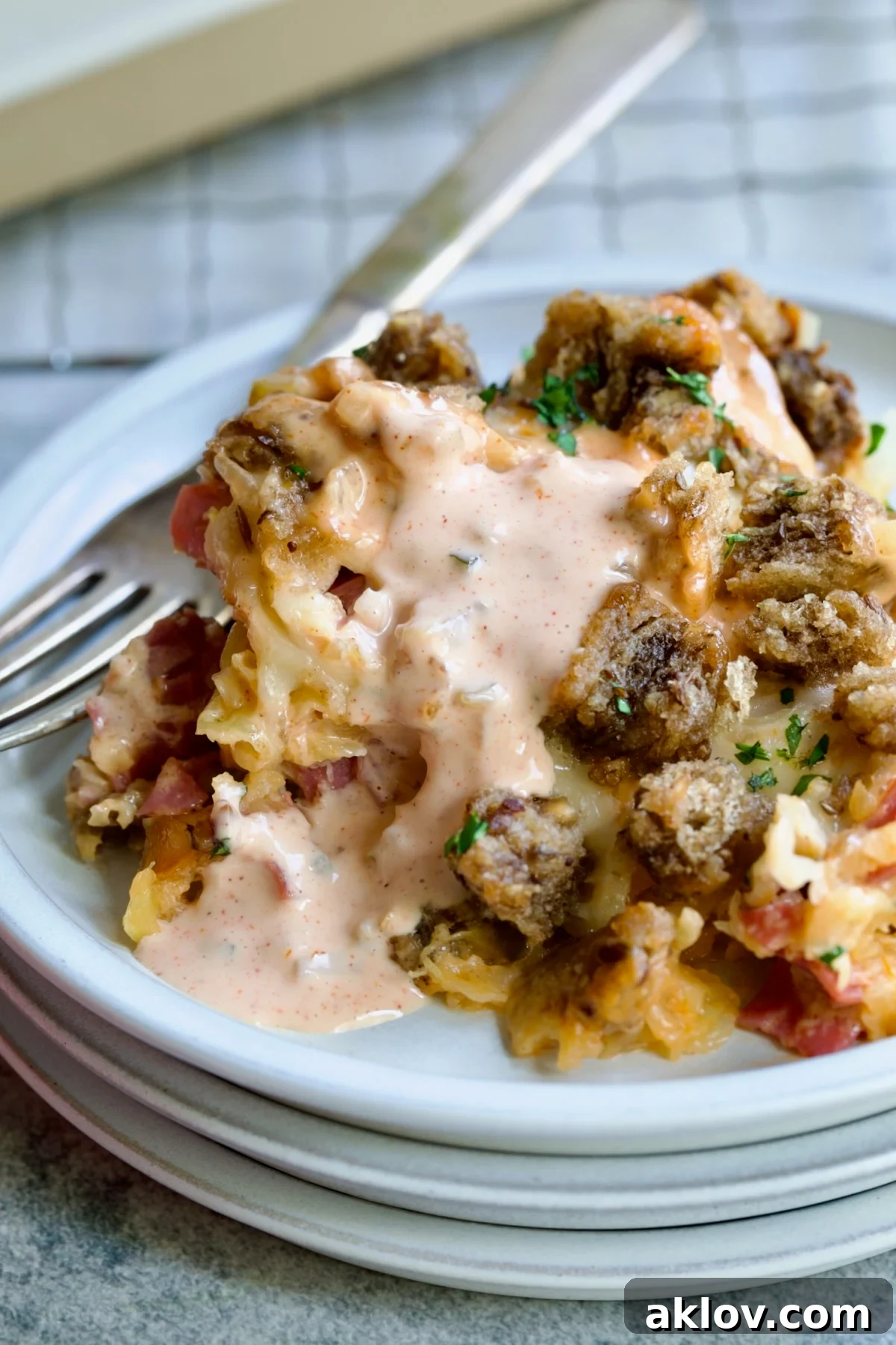 Creamy Reuben Comfort Casserole 20 A single, perfectly portioned serving of Reuben Casserole, artfully plated on a white dish with a fork, generously drizzled with extra Thousand Island dressing for added flavor.
