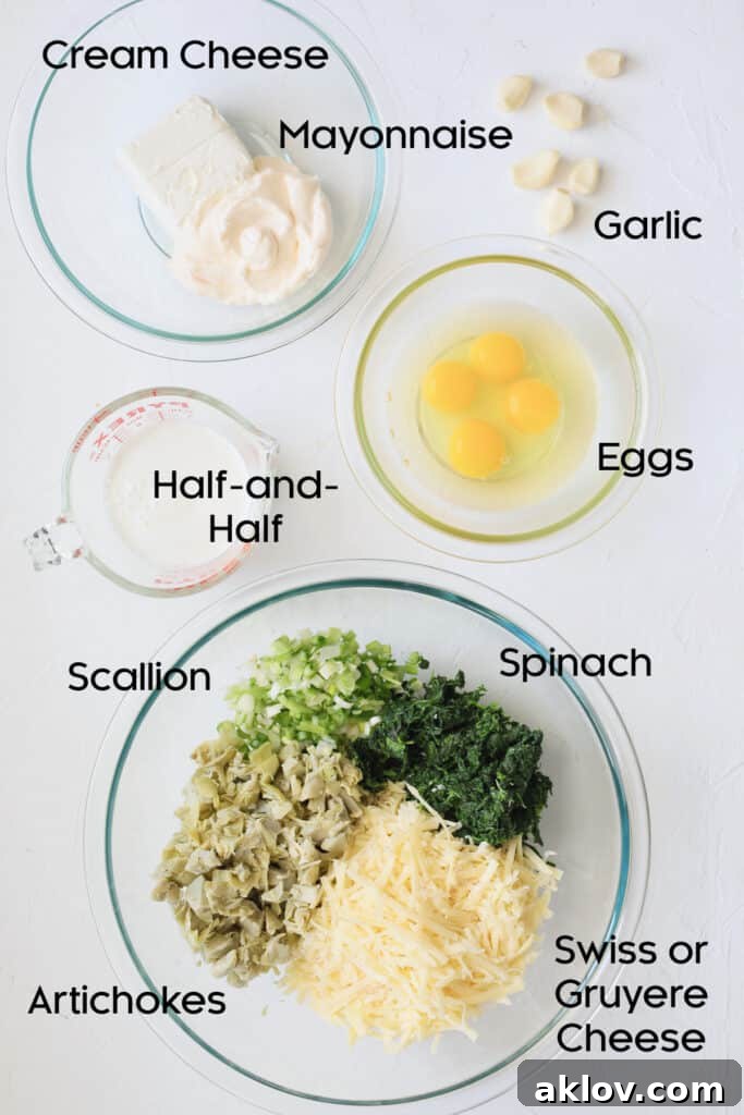 Photo of ingredients for Spinach Artichoke Squares in glass bowls.