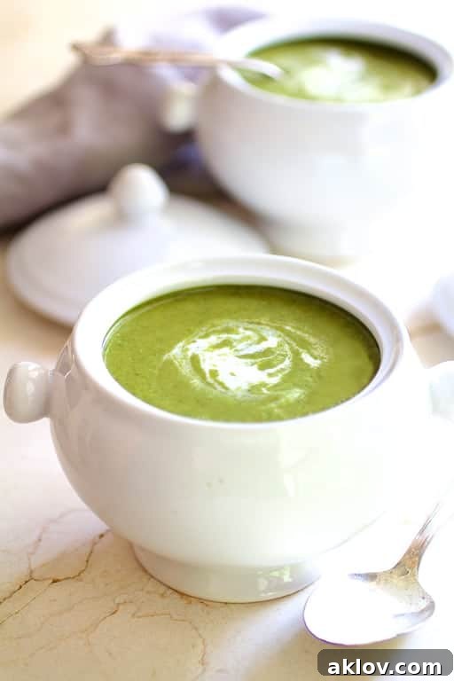 A beautiful white bowl filled with Cream of Green Vegetable Soup, artfully swirled with a touch of cream, set on a elegant marble surface.