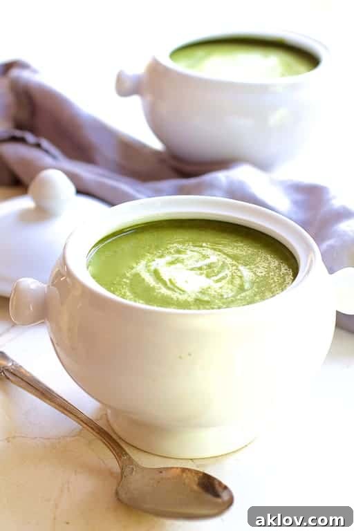 A single serving of Cream of Green Vegetable Soup presented elegantly in a white bowl with a spoon, ready to be enjoyed.