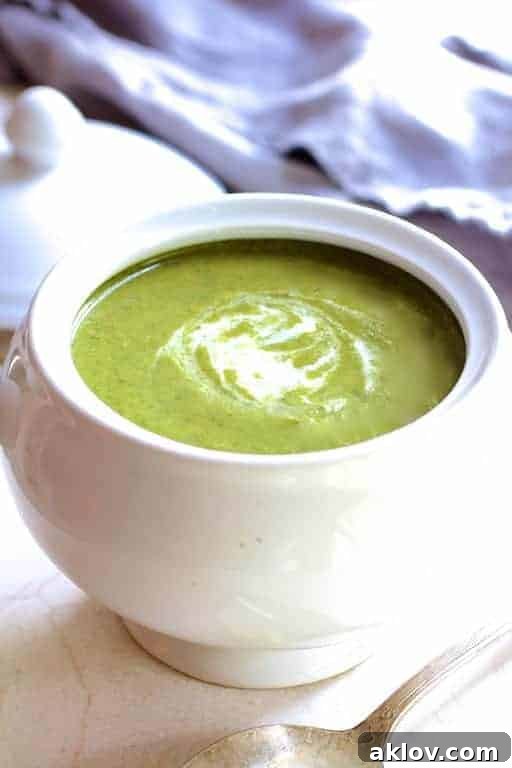 Cream of Green Vegetable Soup presented beautifully in a white bowl, ready to be served.