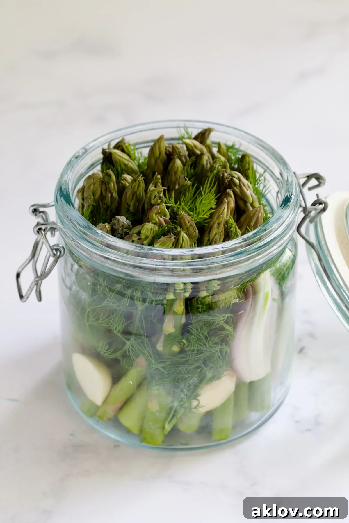 Zesty Pickled Asparagus 6 Asparagus spears, fresh dill sprigs, sliced shallot, and garlic cloves packed tightly into a clear glass jar before the pickling brine is poured over them.