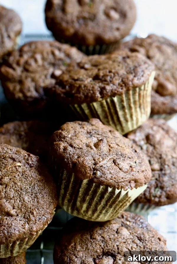 A beautiful pile of freshly baked Chocolate and Zucchini Muffins.